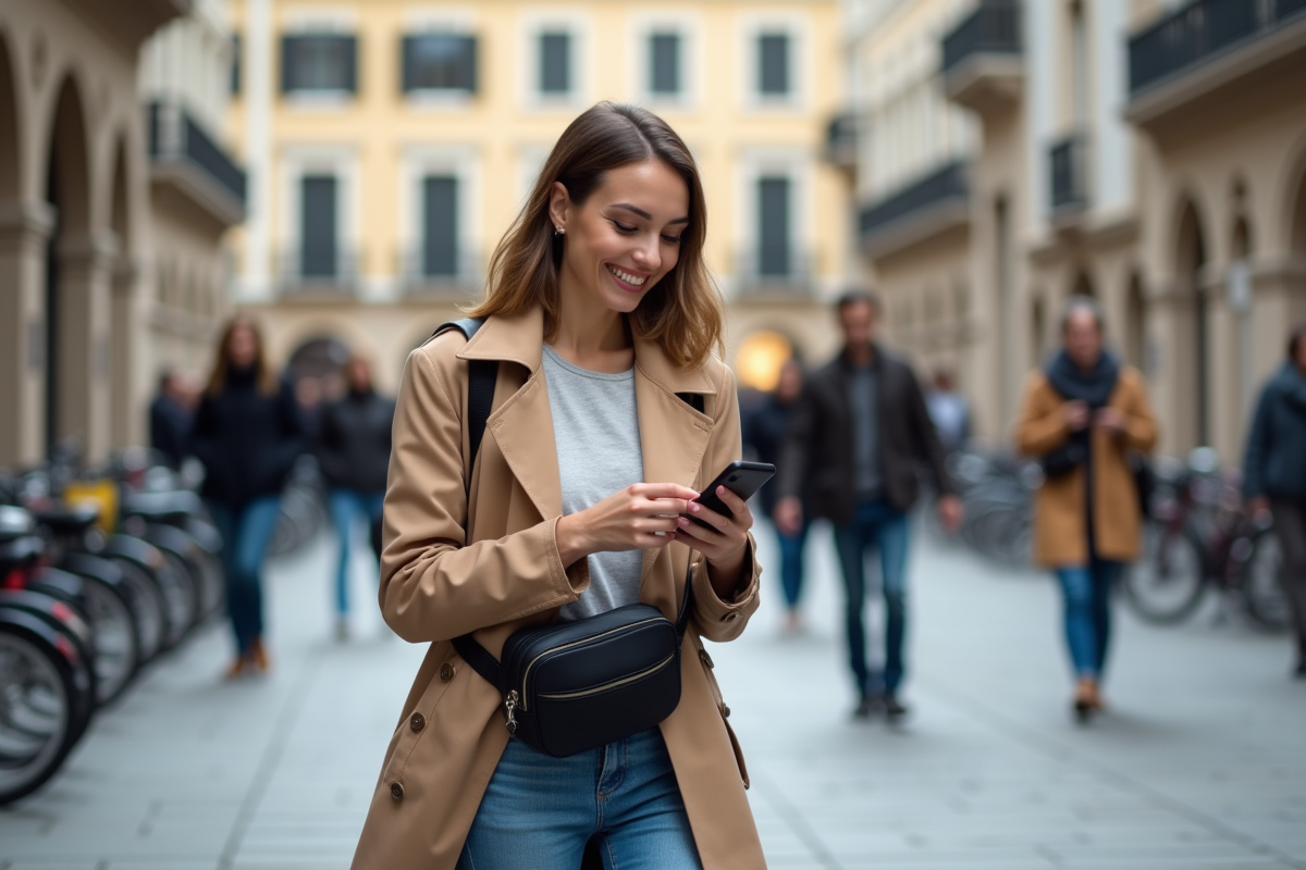 Femme élégante dans une ville européenne dynamique
