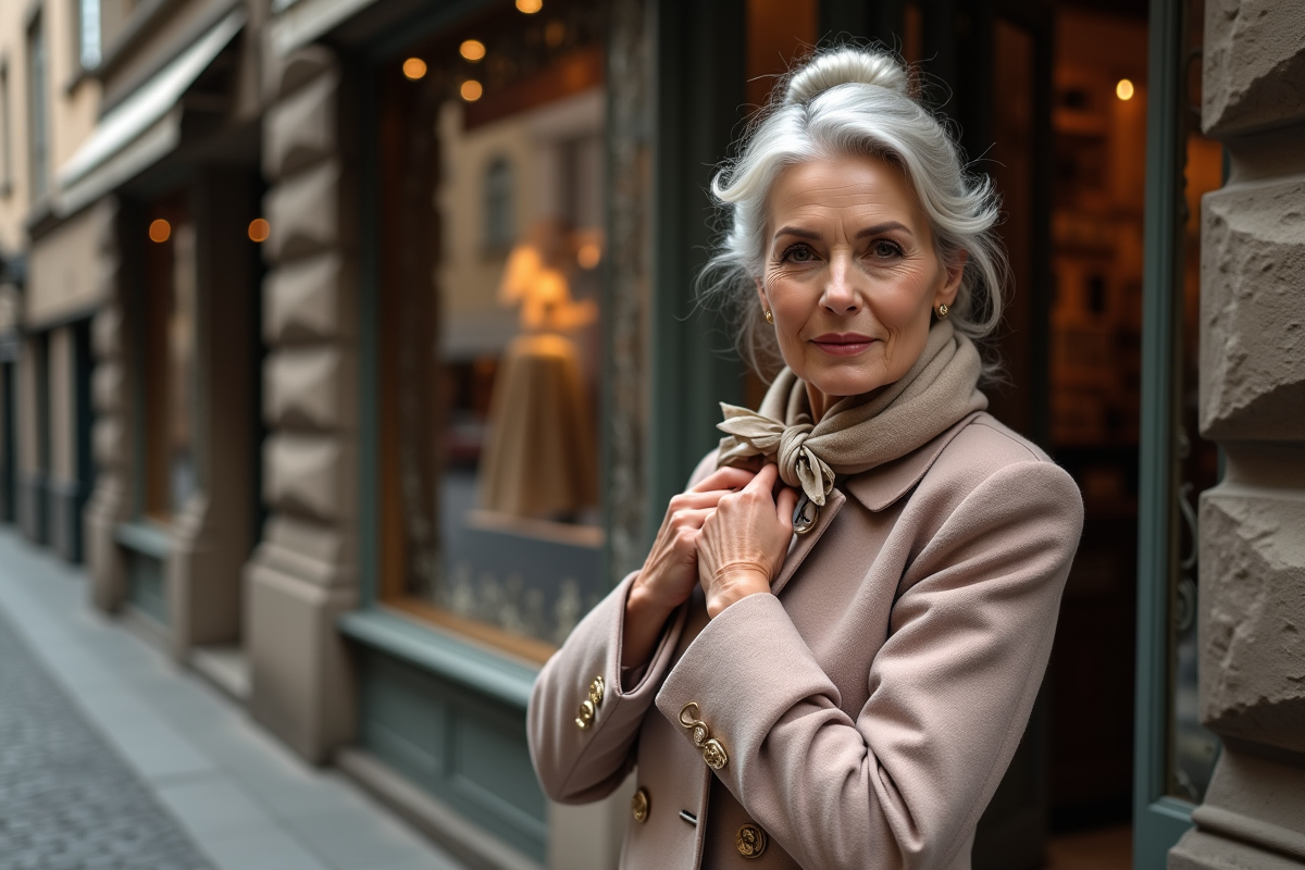 Femme élégante en couture vintage devant boutique