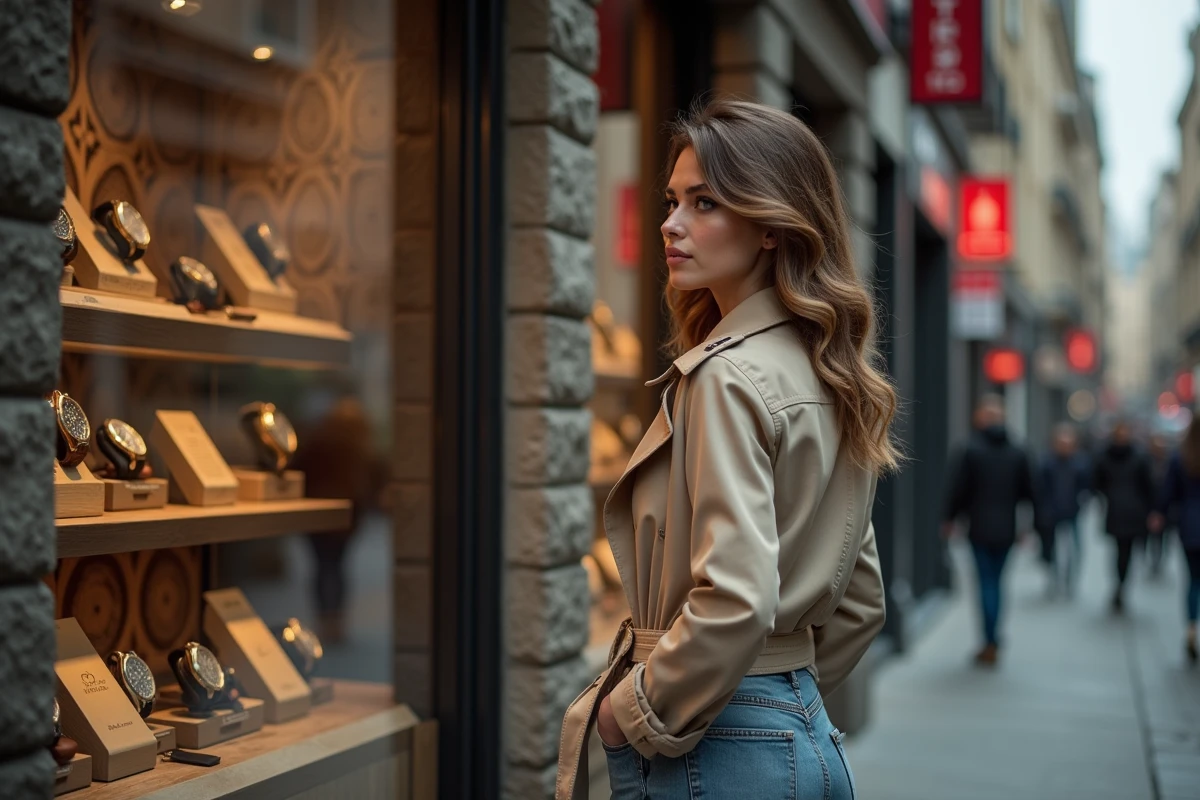 Jeune femme observant une vitrine de montres vintage