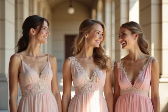 Trois jeunes femmes en robes de demoiselle d'honneur pastel dans un hall lumineux