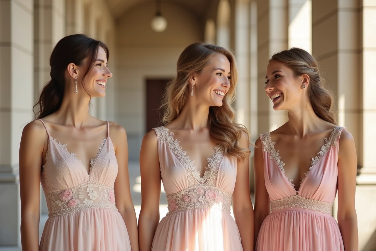 Trois jeunes femmes en robes de demoiselle d'honneur pastel dans un hall lumineux