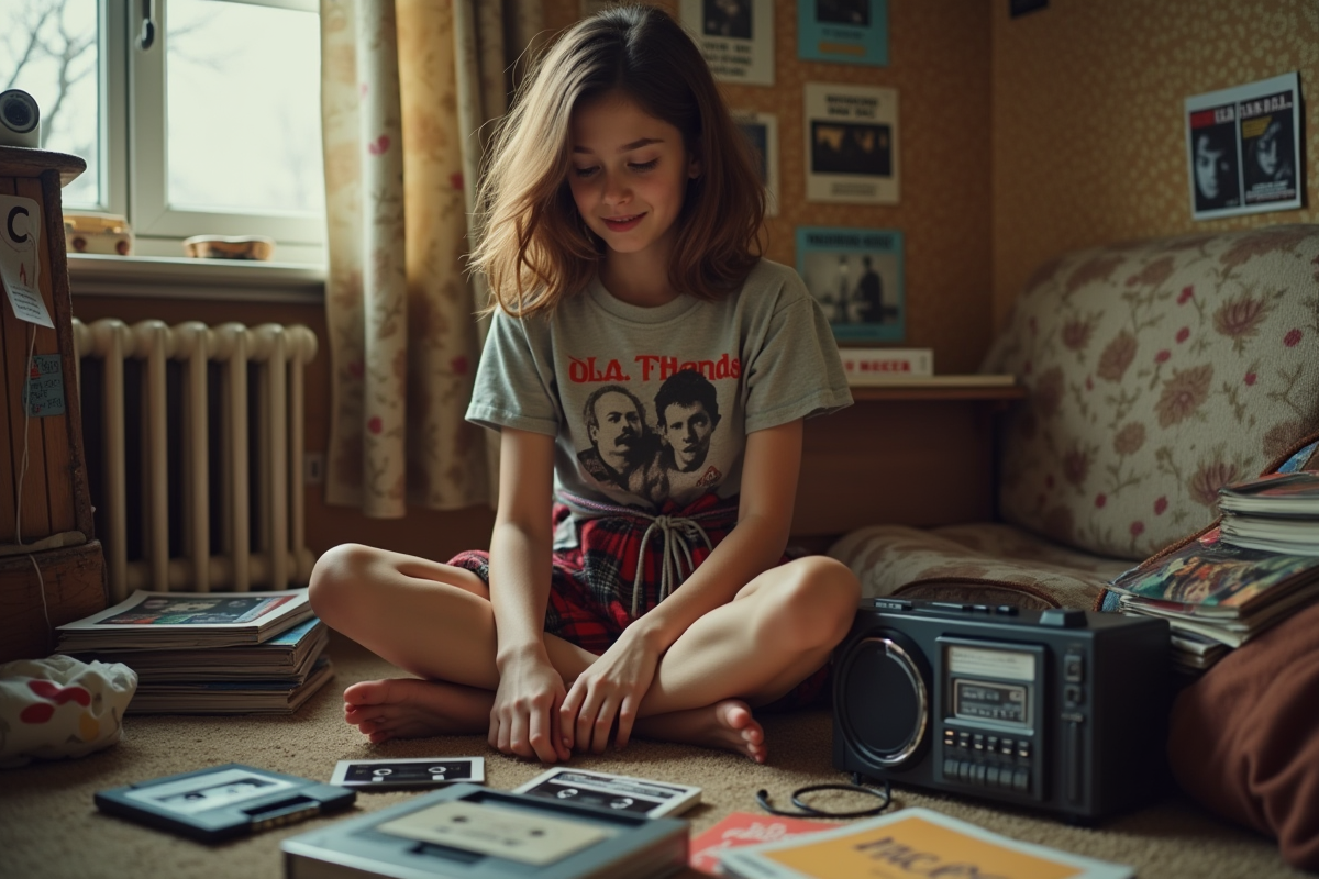 Jeune fille choisissant une cassette dans sa chambre