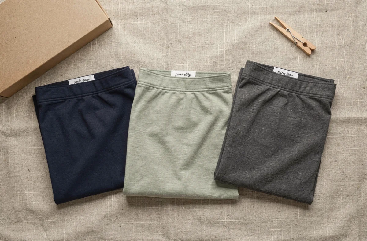 Flat-lay de trois boxers kangourou homme en différentes matières sur fond de lin naturel