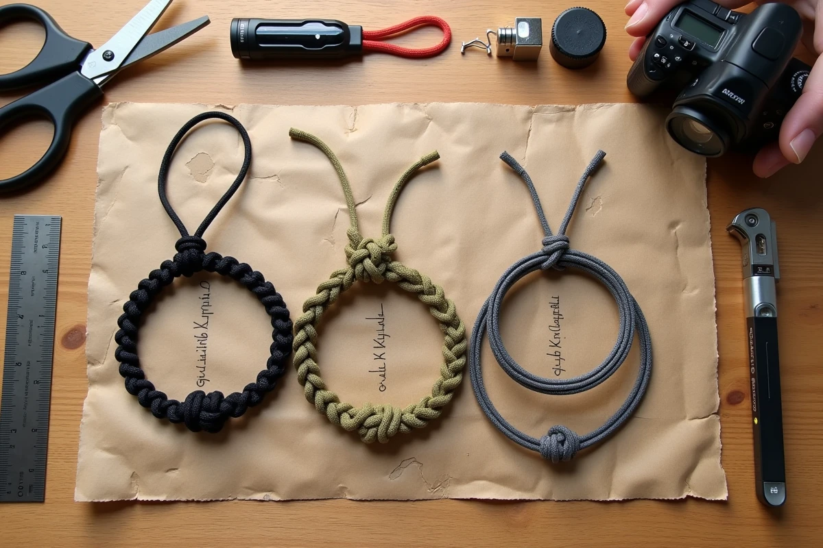 Flat lay de bracelets paracord avec différents nœuds essentiels, outils et étiquettes manuscrites sur une table en bois