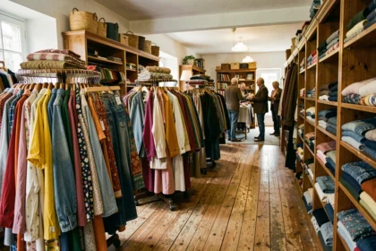 Vue intérieure d'une friperie en Indre-et-Loire avec des portants chargés de vêtements vintage colorés
