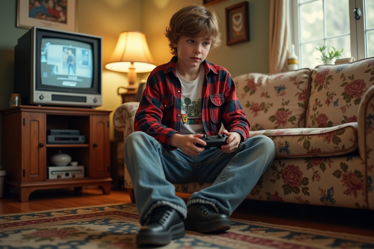 Adolescent jouant à un jeu vidéo dans un salon vintage 90s