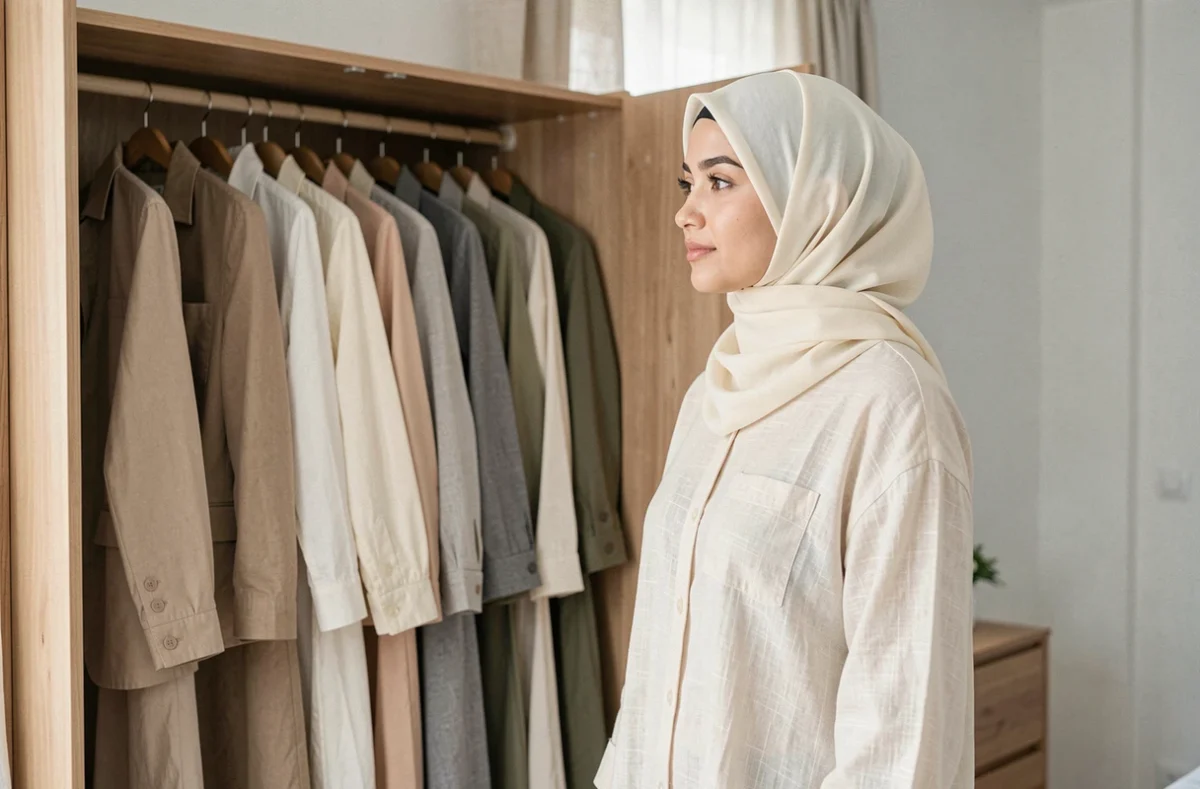 Jeune femme musulmane contemplant une garde-robe minimaliste capsule aux tons neutres dans une chambre épurée de style scandinave