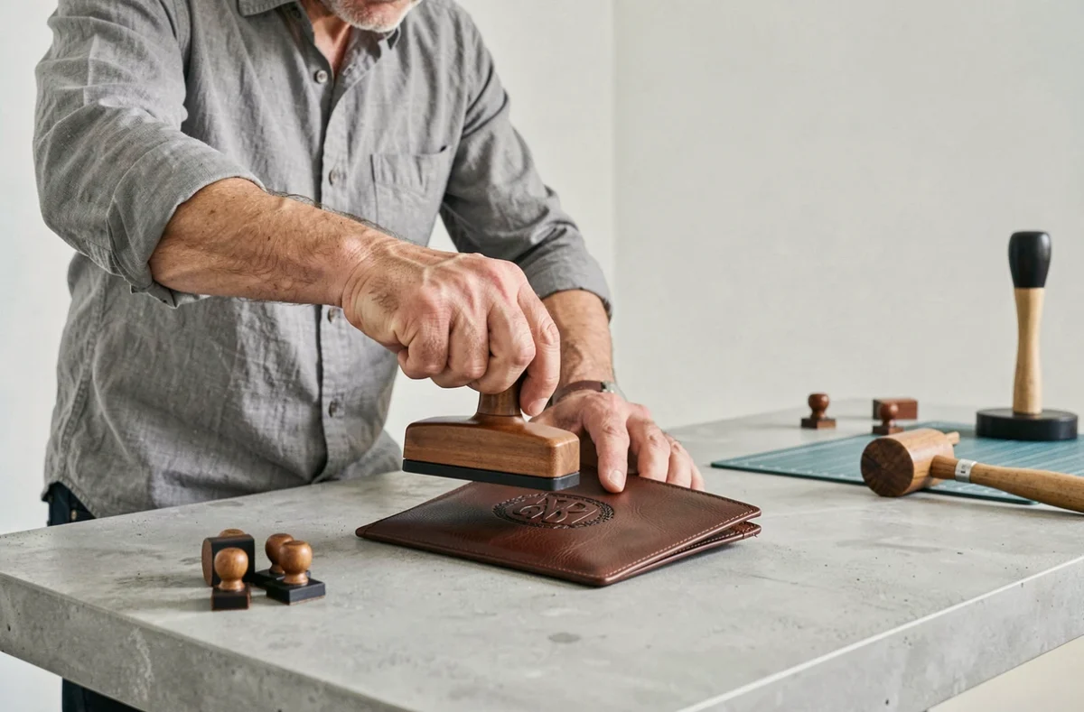Homme utilisant un outil de gaufrage pour imprimer un monogramme sur un portefeuille en cuir brun foncé sur un bureau minimaliste