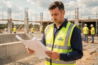 Ouvrier de chantier portant un gilet jaune haute visibilité personnalisé avec logo d'entreprise sur fond de site en construction