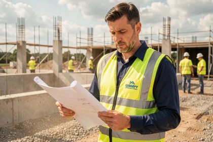 Ouvrier de chantier portant un gilet jaune haute visibilité personnalisé avec logo d'entreprise sur fond de site en construction