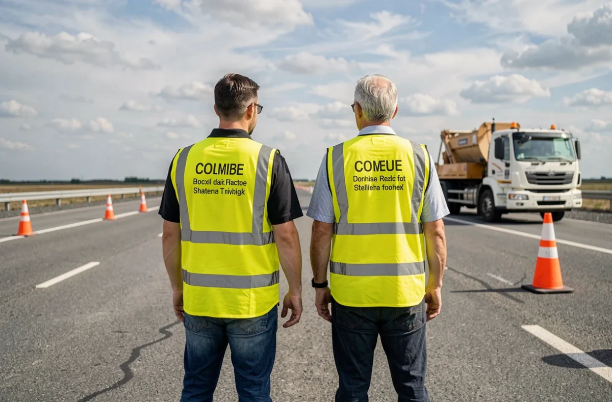 Deux ouvriers de voirie vus de dos portant des gilets jaunes personnalisés avec noms et fonctions imprimés sur chantier routier