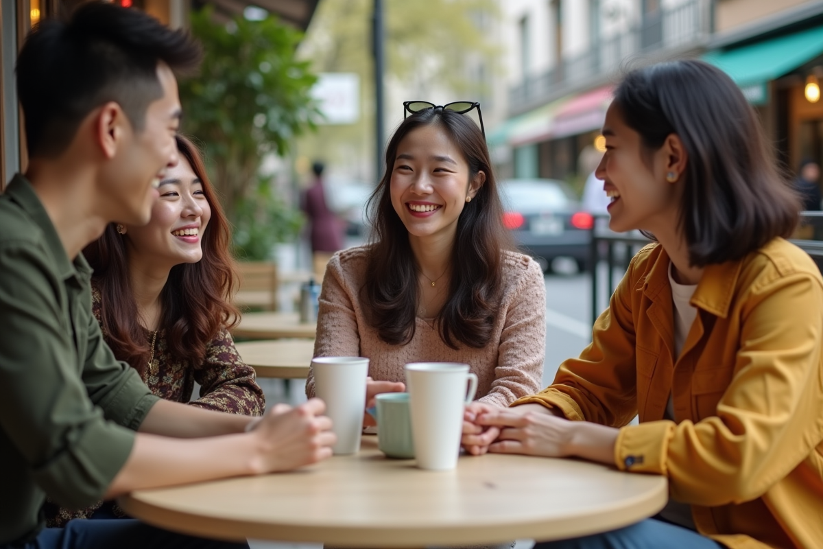Groupe d amis partageant des produits de soin coréens