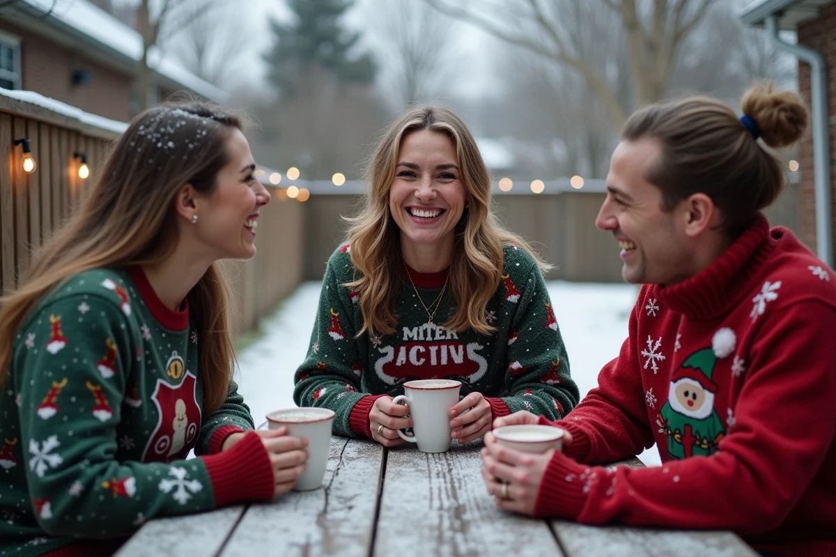 Groupe d'amis portant différents pulls de Noël personnalisés autour d'une table extérieure enneigée avec des tasses de chocolat chaud