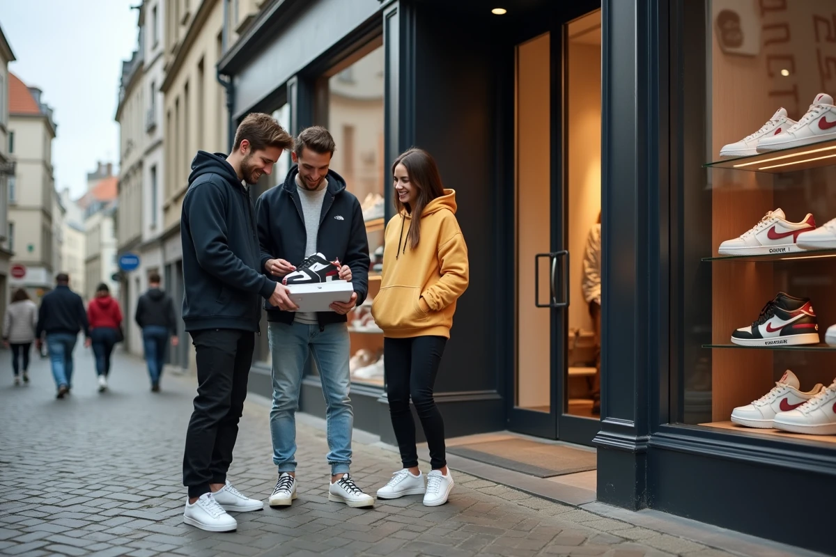 Groupe de jeunes sneakerheads devant la façade de la boutique Snatch à Lorient, tenant une boîte à chaussures dans une ambiance streetwear urbaine