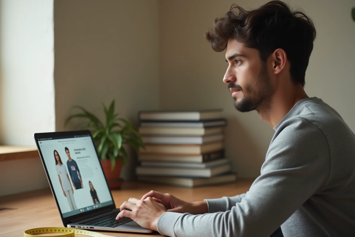 Homme consultant le guide des tailles Uniqlo sur un ordinateur portable à domicile avec un mètre ruban posé à côté