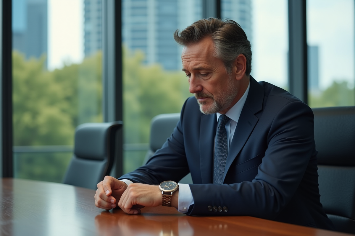 Homme d'affaires en costume regardant sa montre lors d'une réunion