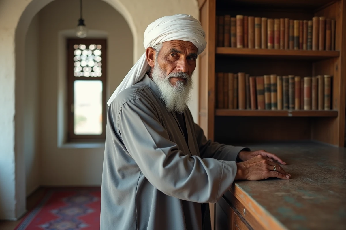 Homme âgé portant un imama blanc en turban traditionnel dans une salle d'étude avec manuscrits islamiques anciens