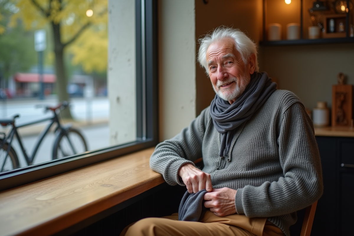 Homme âgé pliant un petit foulard dans un café en extérieur