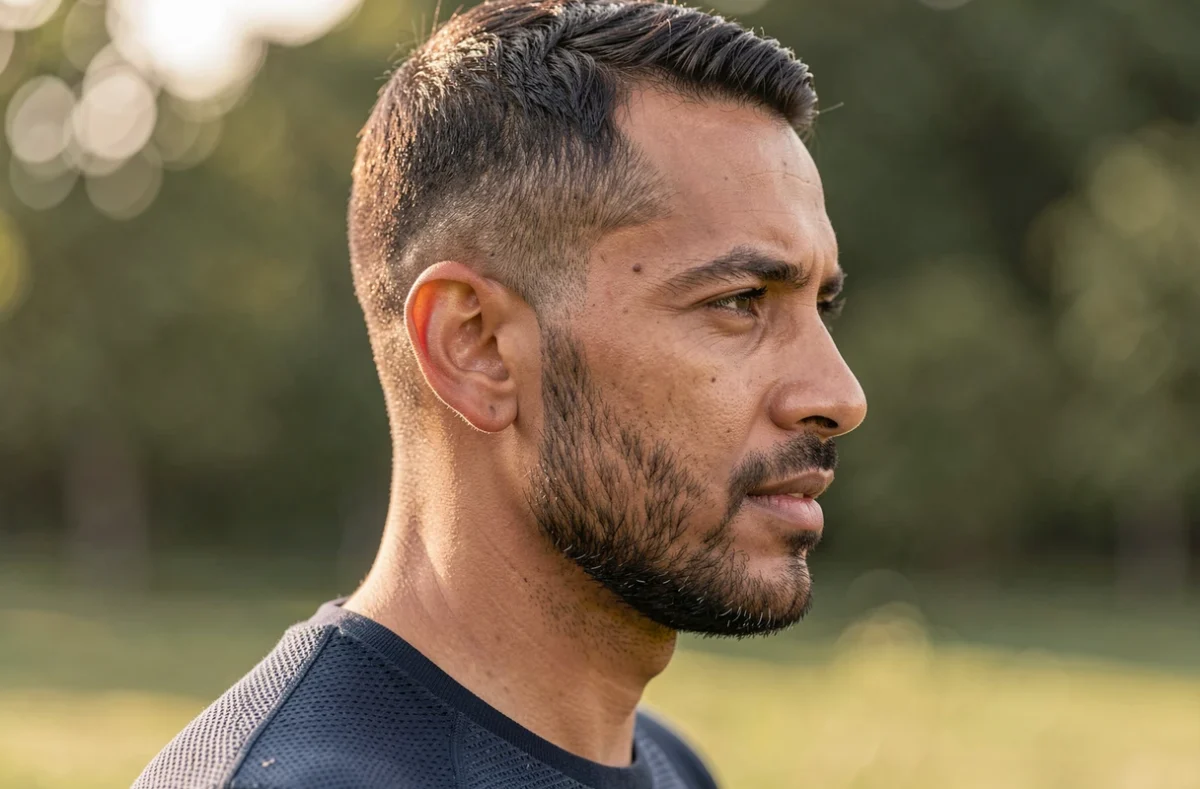 Homme avec un crop texturé et une barbe courte soignée