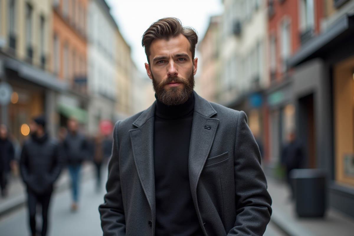 Homme élégant avec barbe sophistiquée en ville moderne