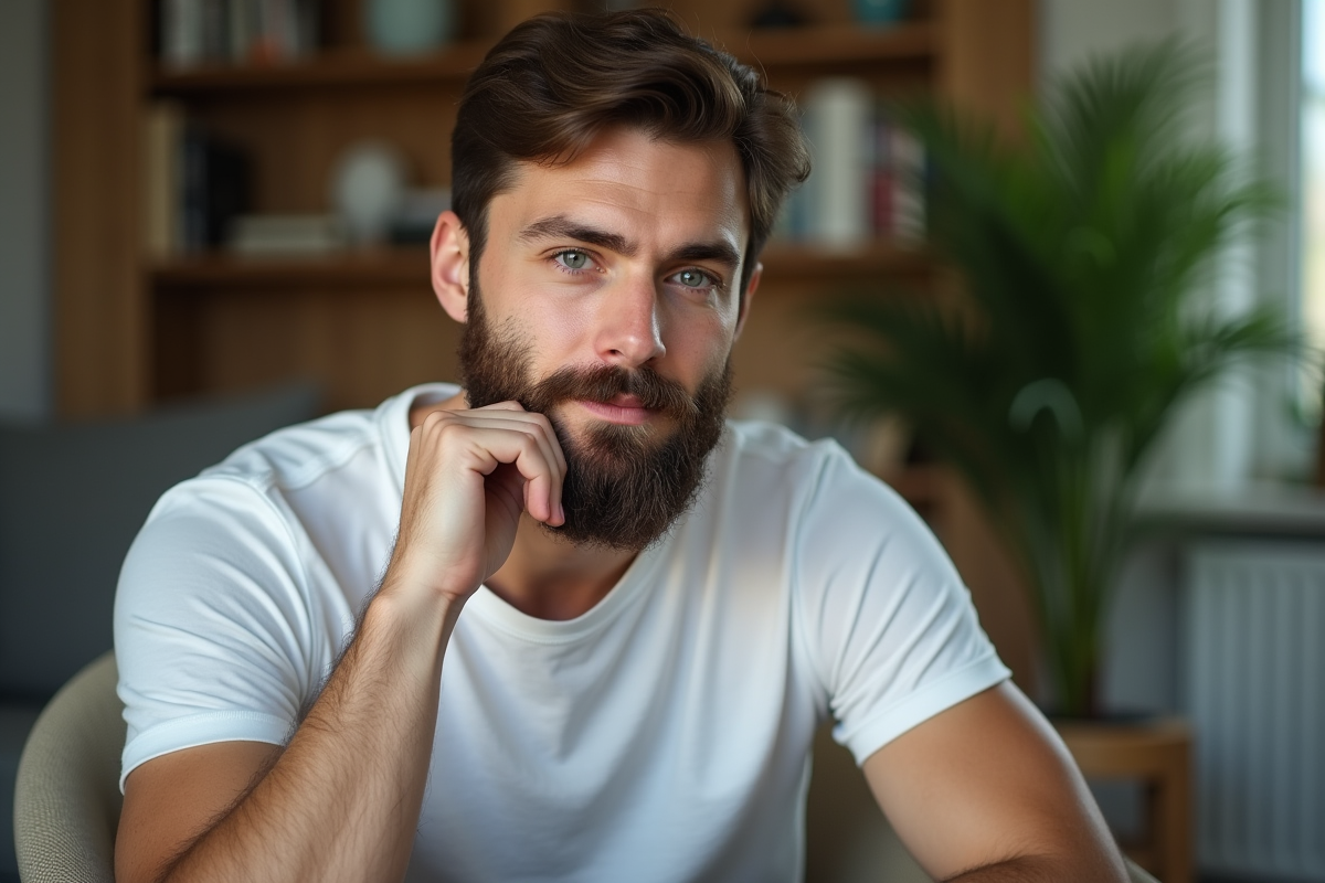 Homme barbu en portrait intérieur avec ambiance calme