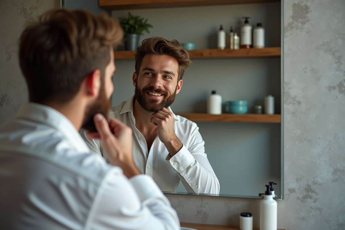 Homme avec barbe bien soignee se regardant dans le miroir