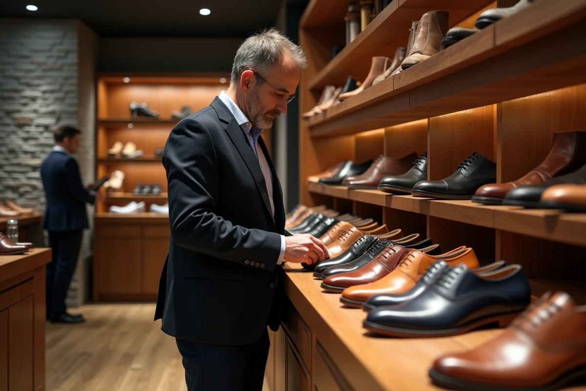Homme d age moyen choisissant des chaussures dans une boutique élégante