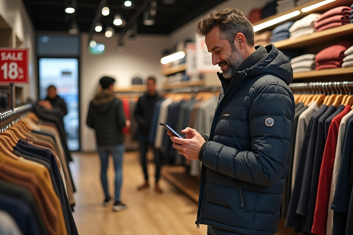 Homme vérifiant les soldes dans une boutique de vêtements