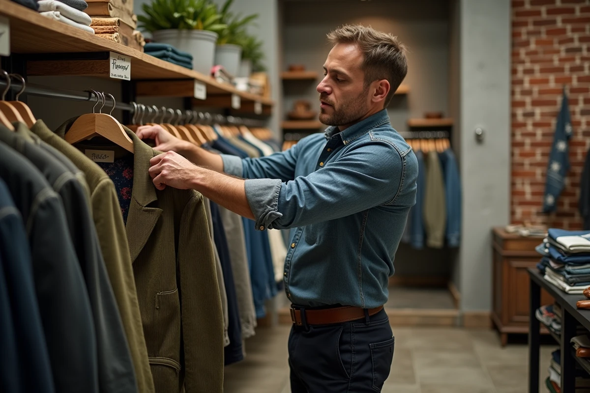Homme dans la quarantaine explorant ses choix de mode dans une boutique vintage indépendante au style authentique