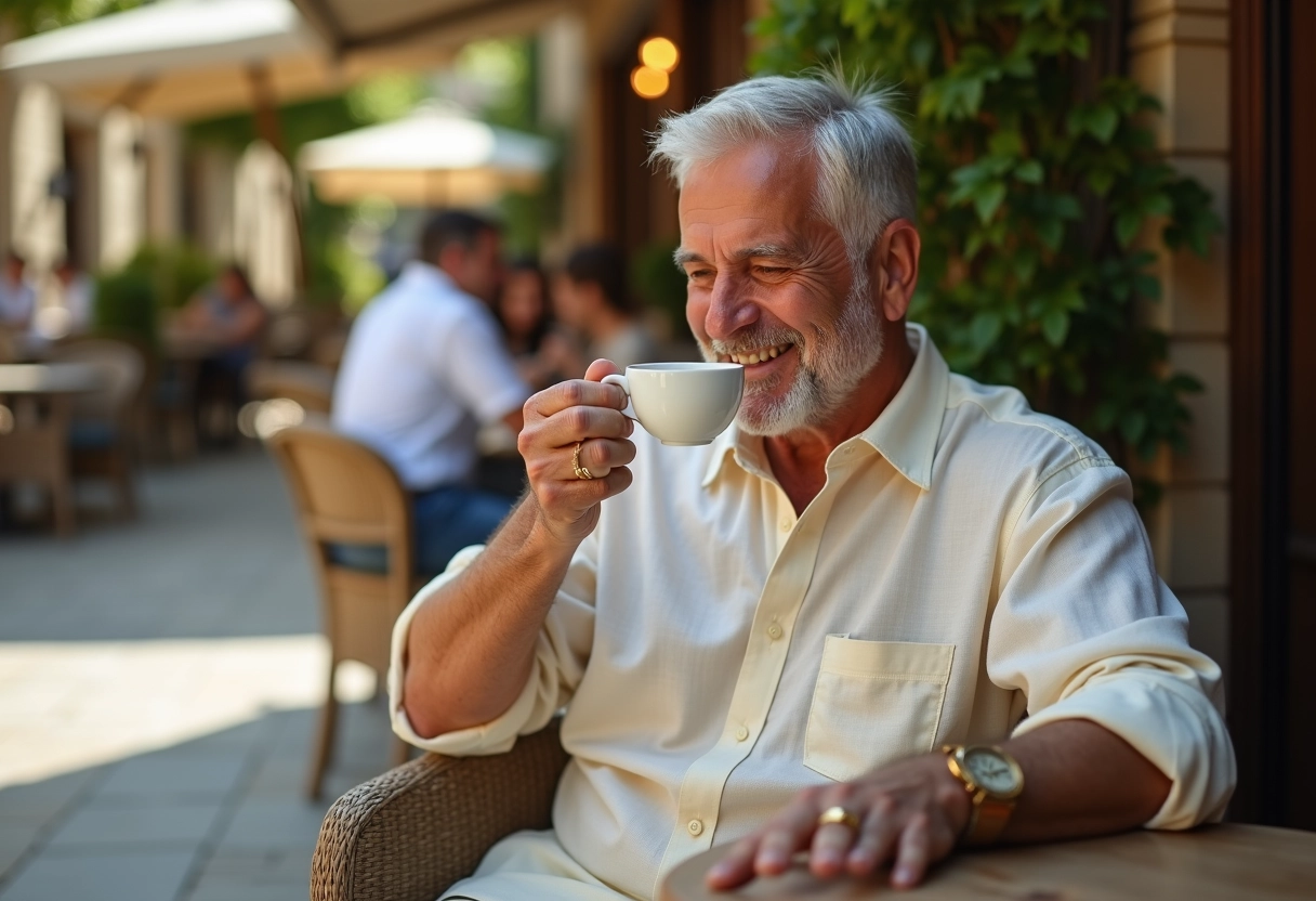 Homme détendu sirotant un café avec une bague en or