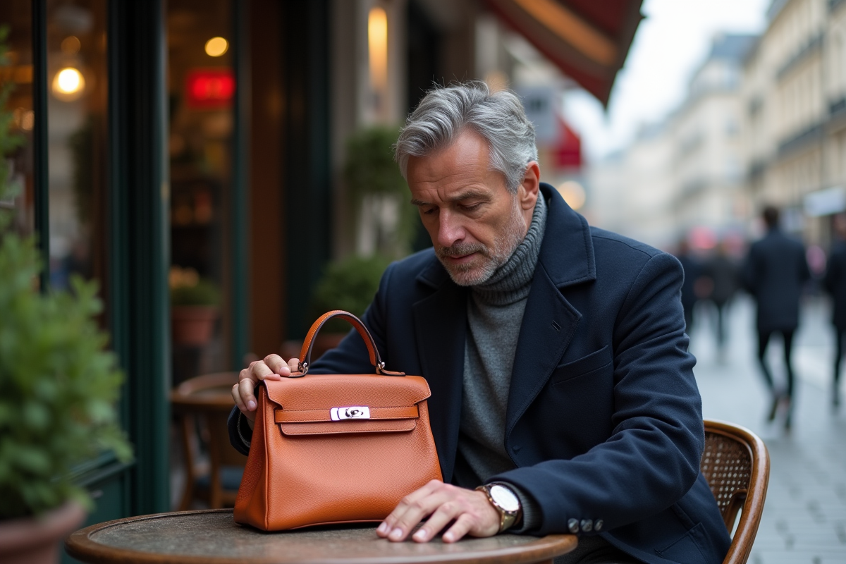 Homme au café examinant un sac Birkin Himalaya en extérieur