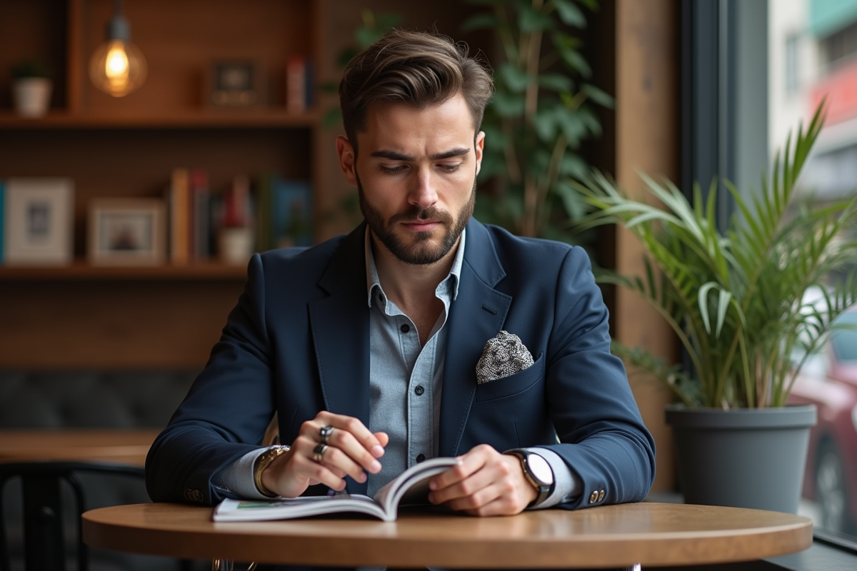 Jeune homme au café lisant un magazine avec style