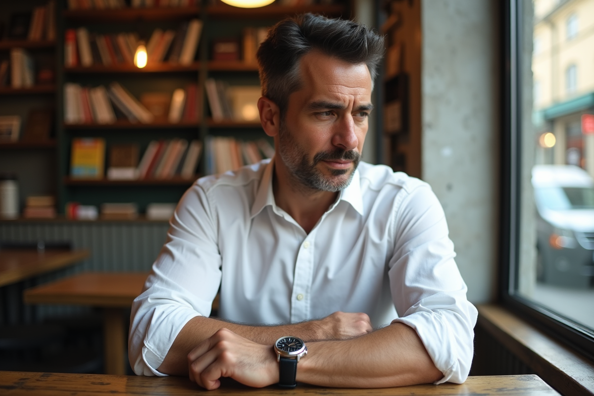 Homme d'âge moyen regardant sa montre au café