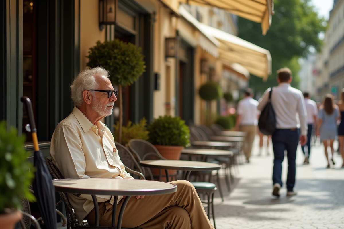 Homme âgé dans un café parisien en été