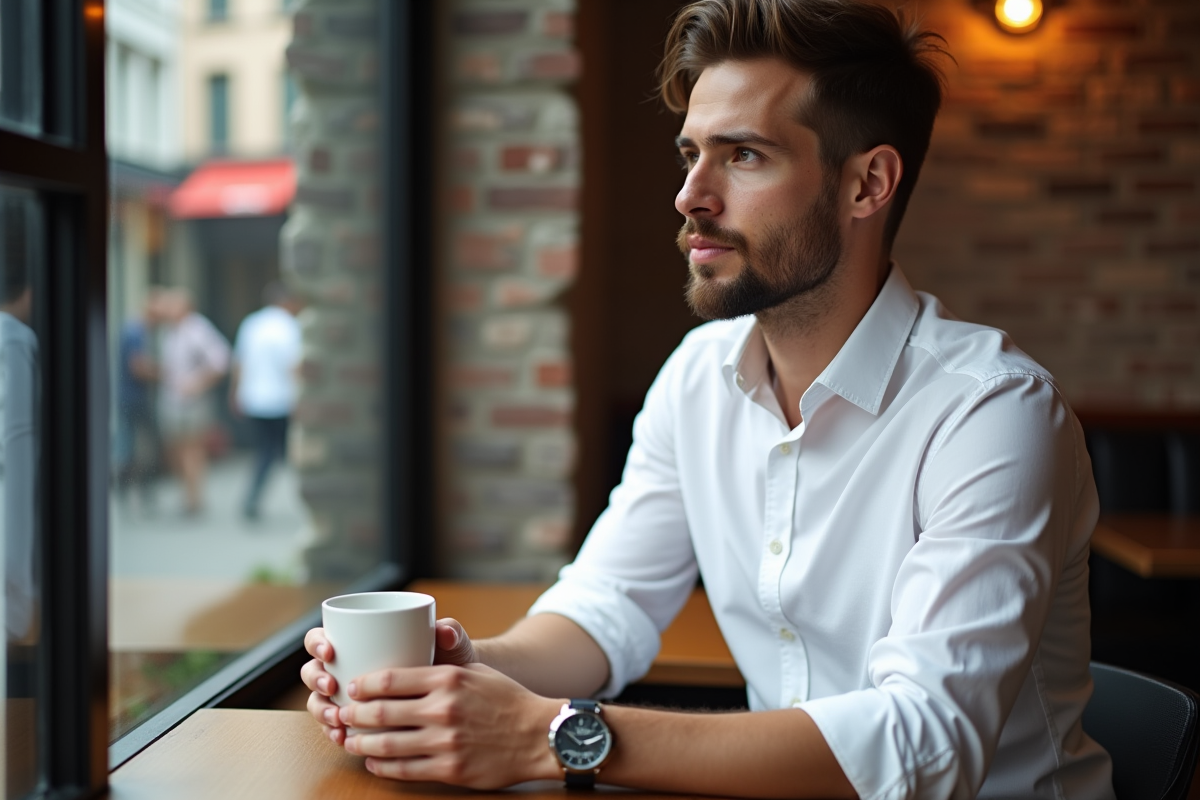 Homme en blanc regardant dehors avec sa montre au café