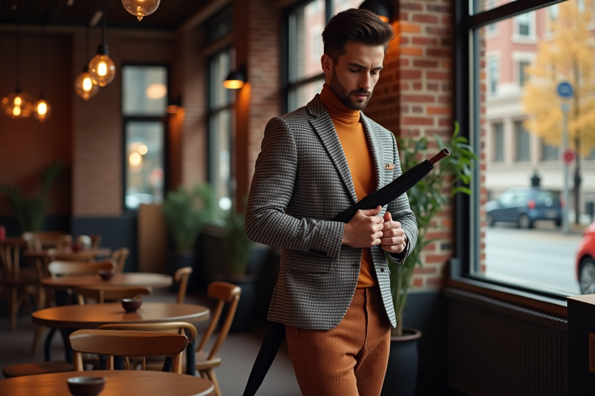 Homme chic dans un café en automne