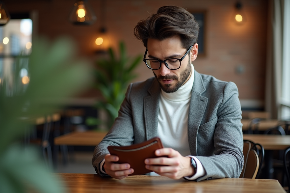 Homme au café avec portefeuille et smartphone