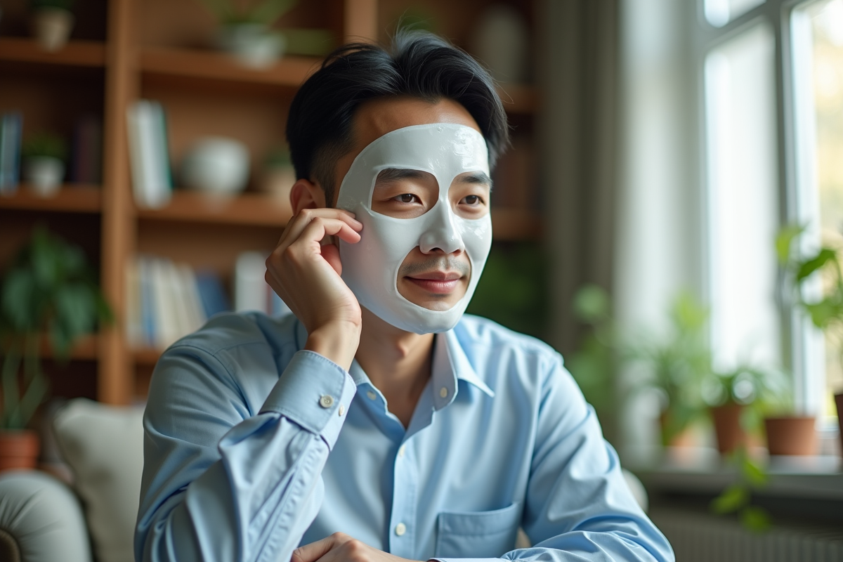 Homme coréen appliquant un masque visage dans un intérieur cosy