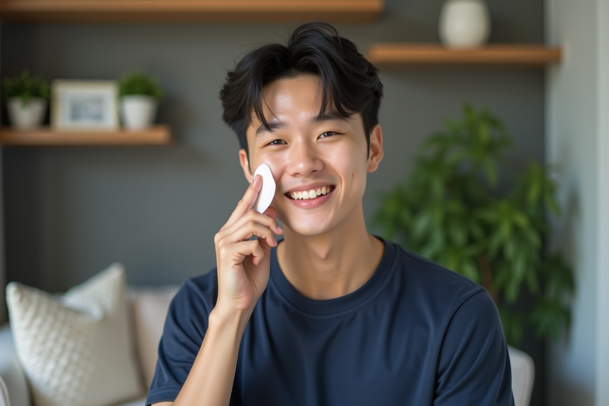 Homme coréen souriant appliquant une lotion avec un coton dans un salon cosy
