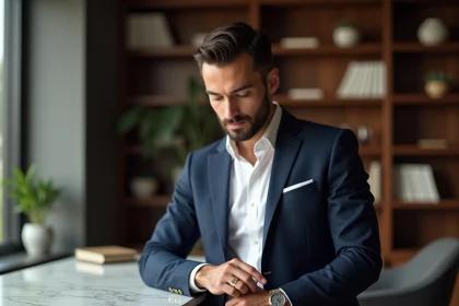 Homme en costume navy portant une bague en or blanc