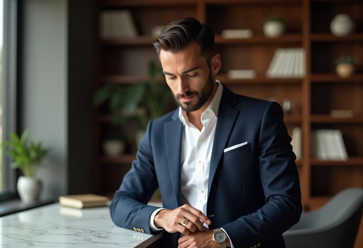 Homme en costume navy portant une bague en or blanc