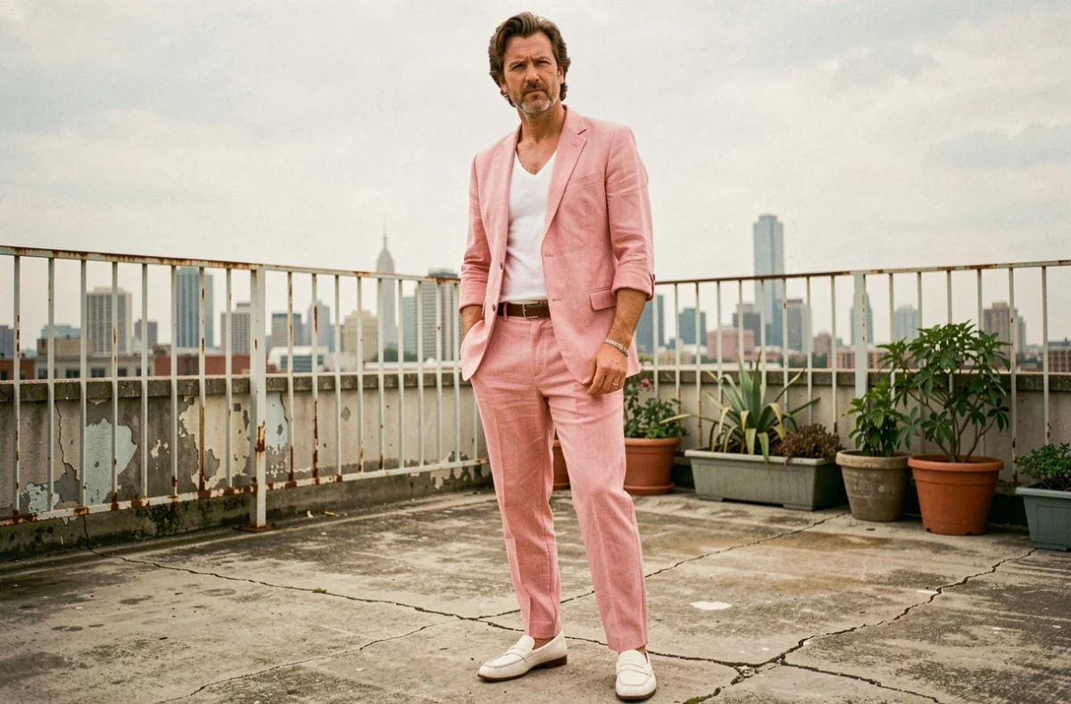 Homme en costume années 80 rose pastel style Miami Vice sur une terrasse urbaine