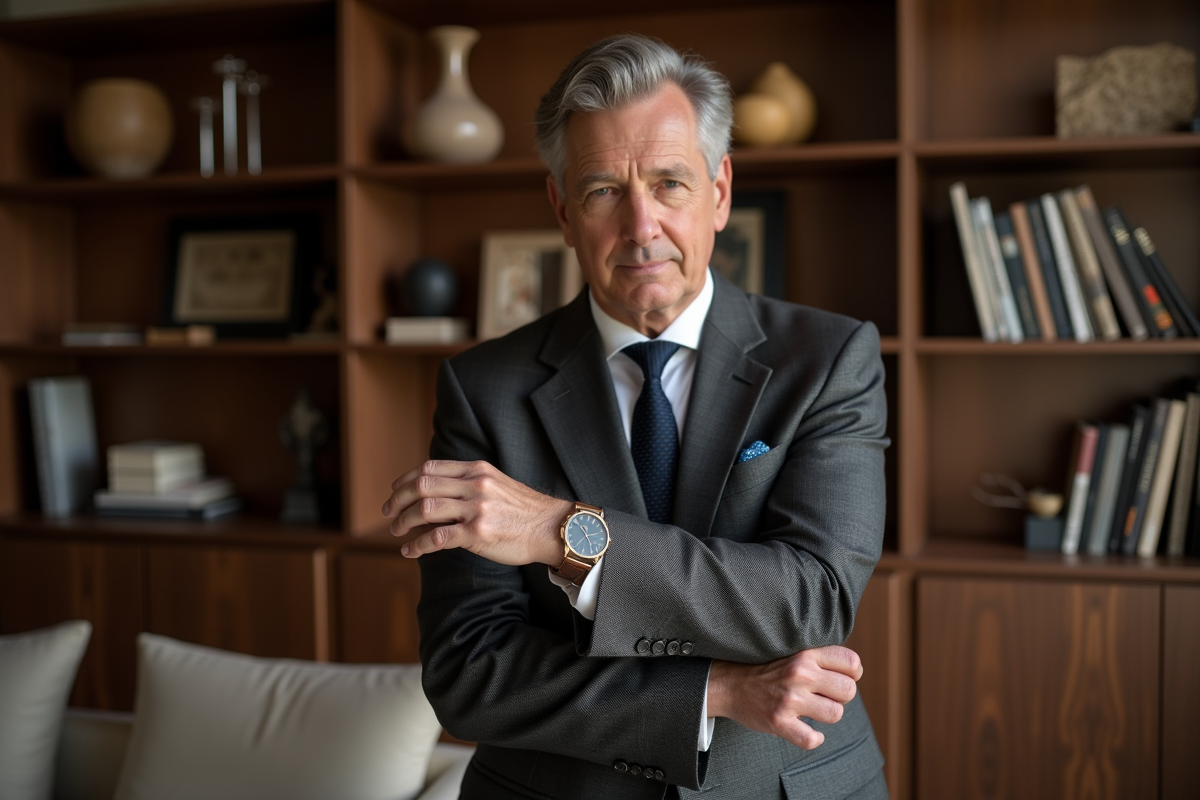 Homme en costume ajustant sa montre dans une bibliothèque chic