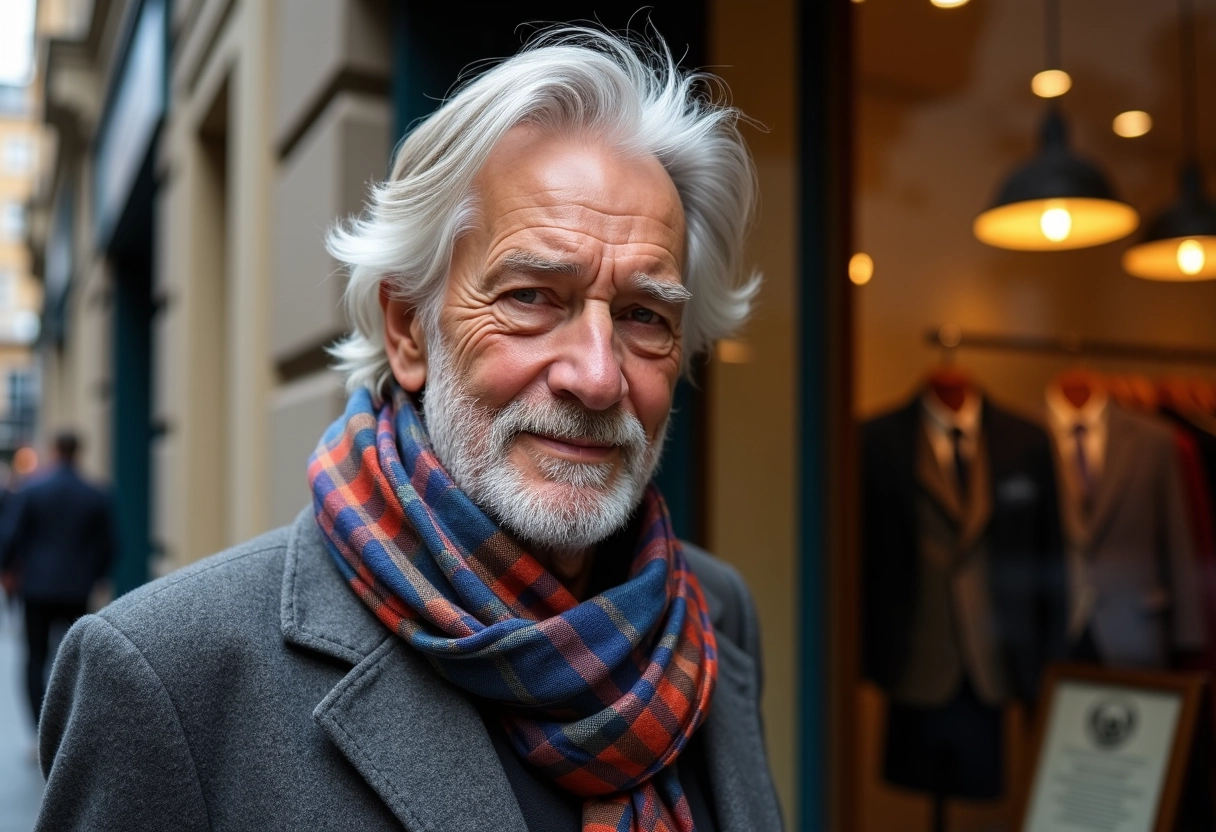Homme âgé portant une écharpe en soie devant une vitrine