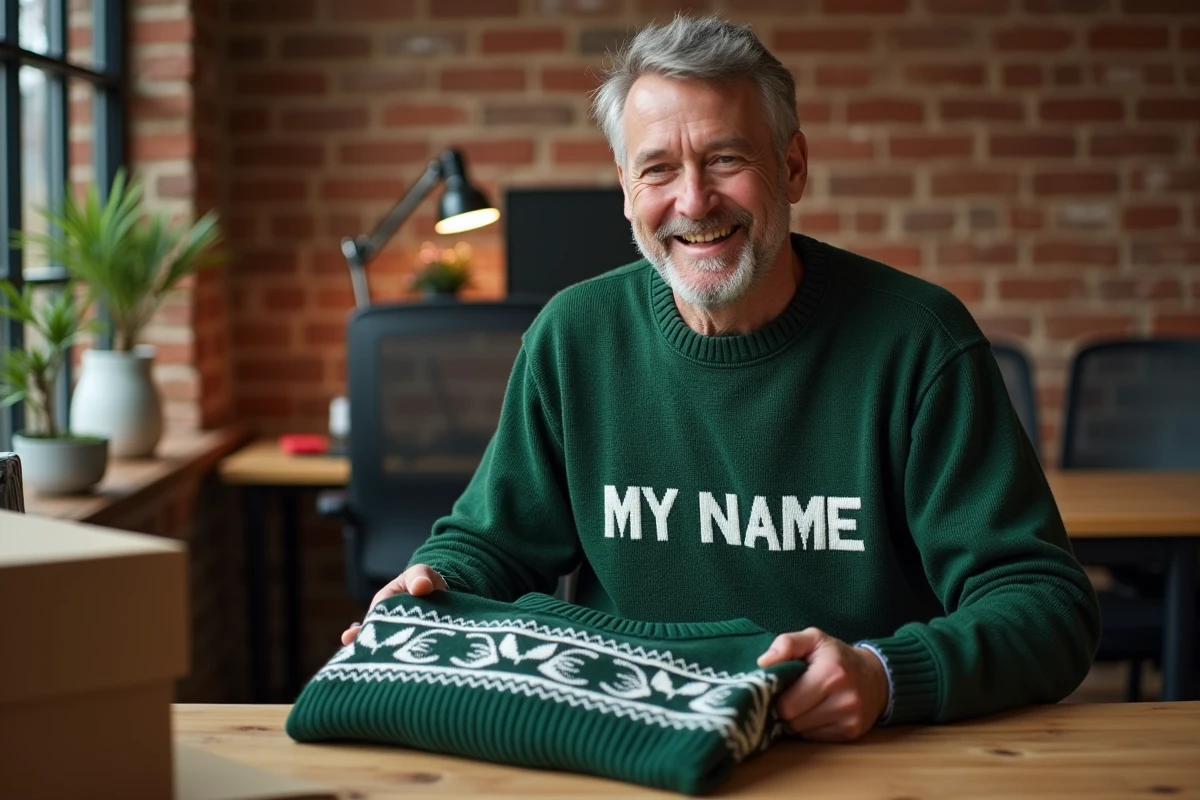 Homme découvrant son pull de Noël personnalisé avec son prénom brodé sorti de sa boîte dans un bureau rustique