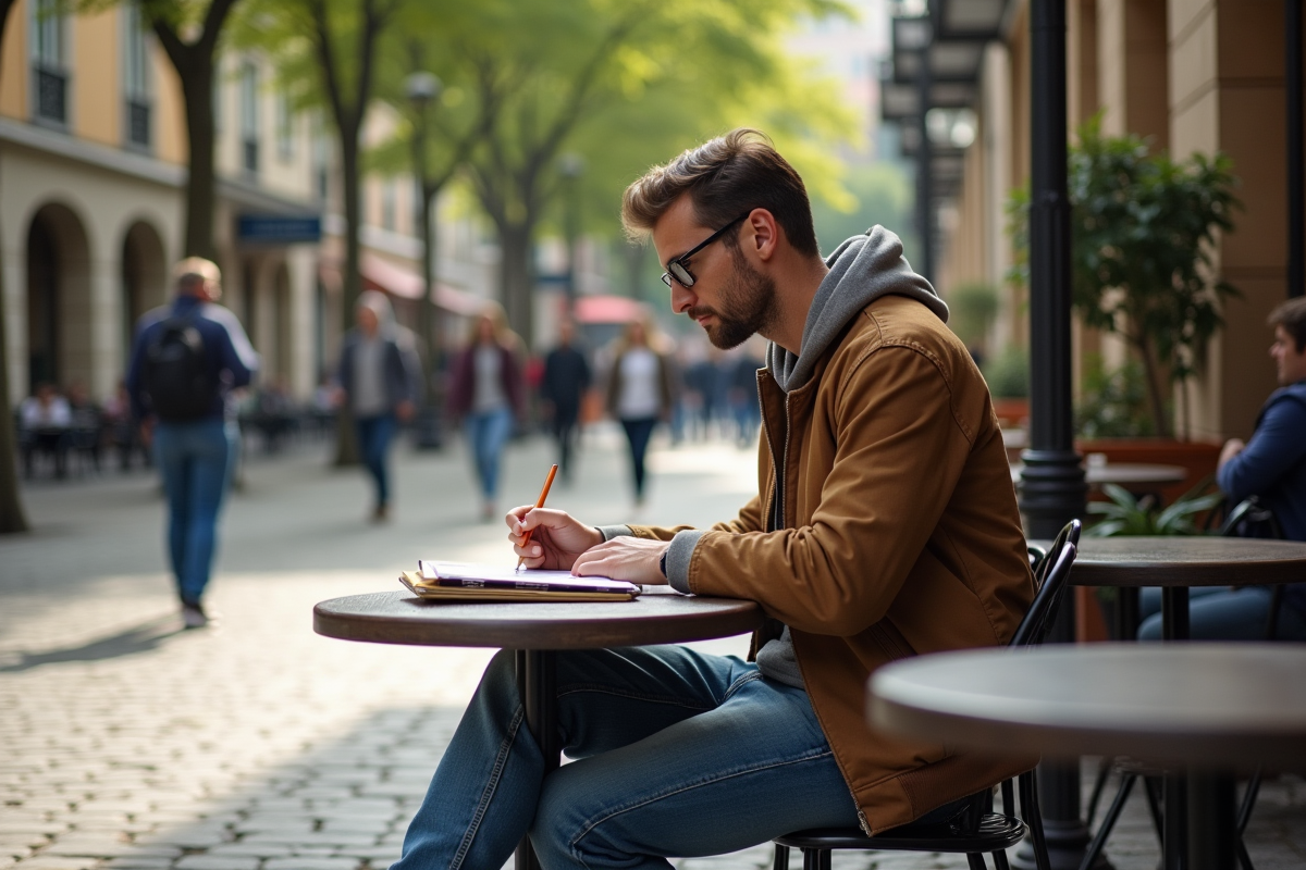 Homme dessinant dans un café en milieu urbain