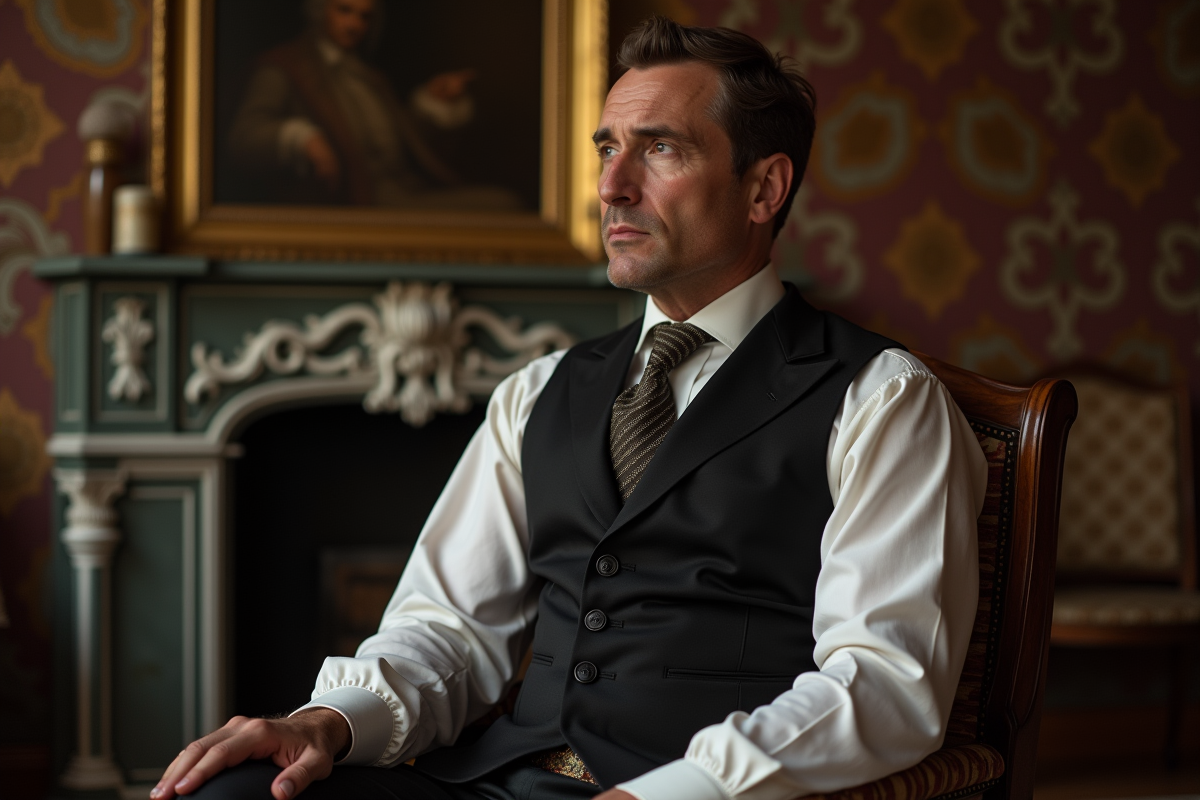 Homme européen en tenue victorienne dans un salon élégant