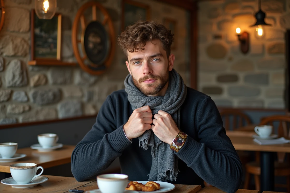 Jeune homme nouant un foulard dans un café breton