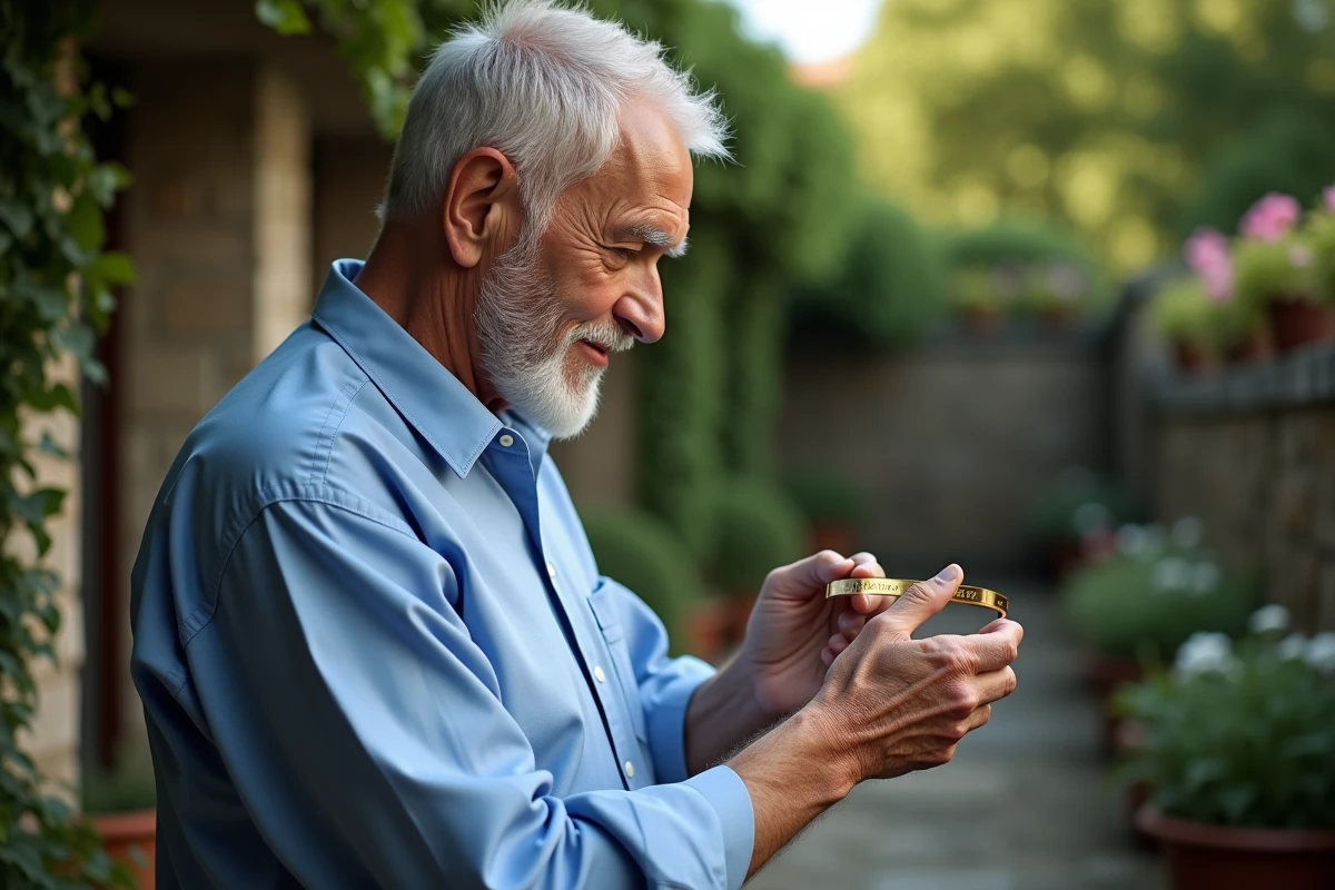 Homme âgé admirant un bracelet en or gravé dans un jardin