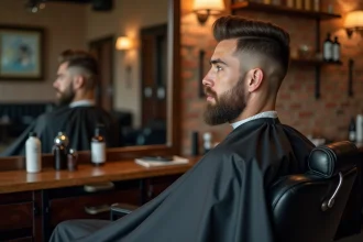 Homme avec grand front assis dans un fauteuil de barbier moderne, réfléchissant à une coupe courte adaptée à sa morphologie